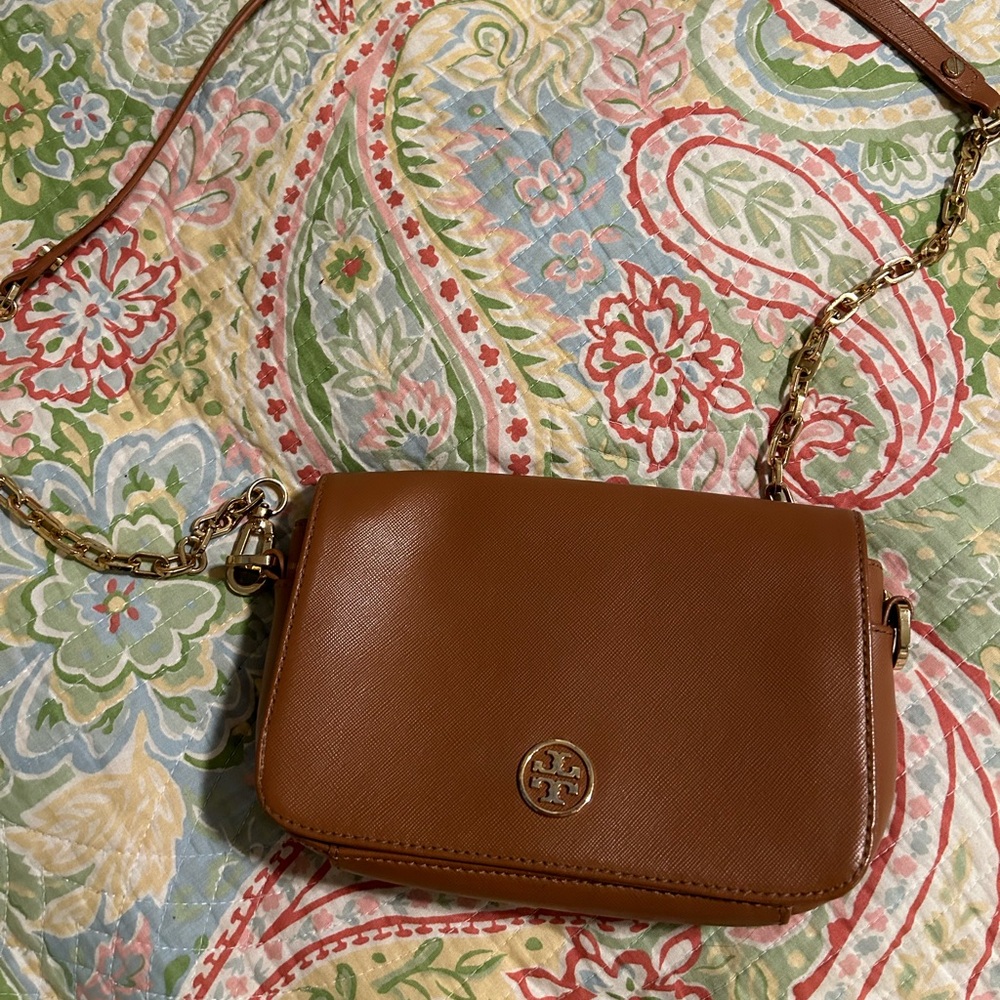 Tory Burch dark tan leather with gold chain shoulder strap